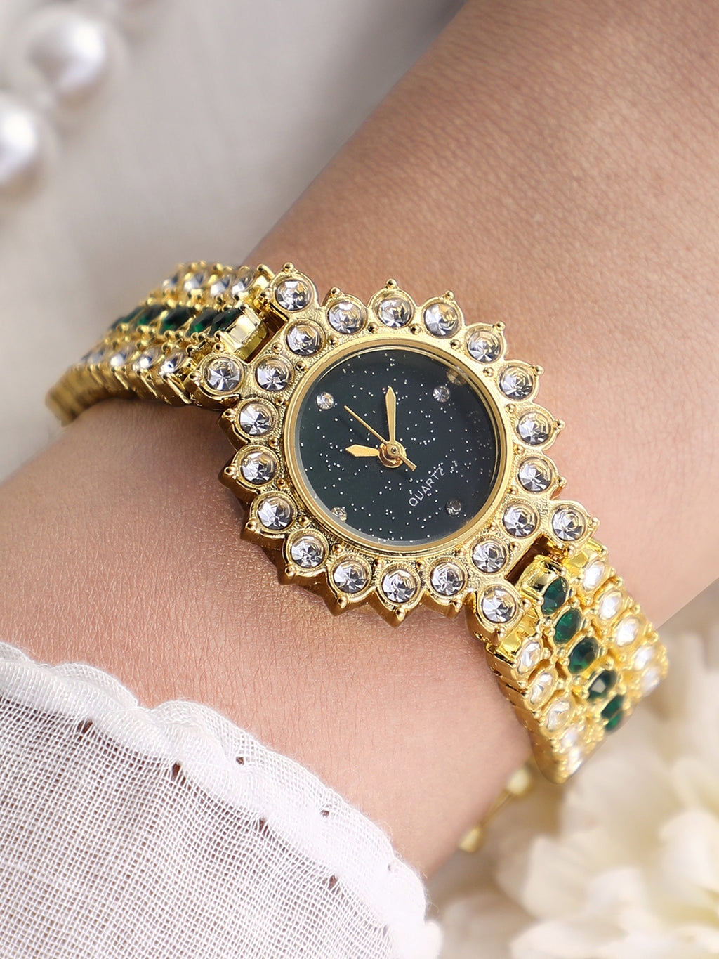Embellished Round Watch - Gold