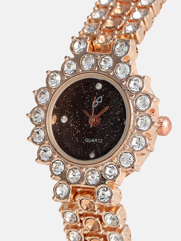 Embellished Round Watch - Rose Gold