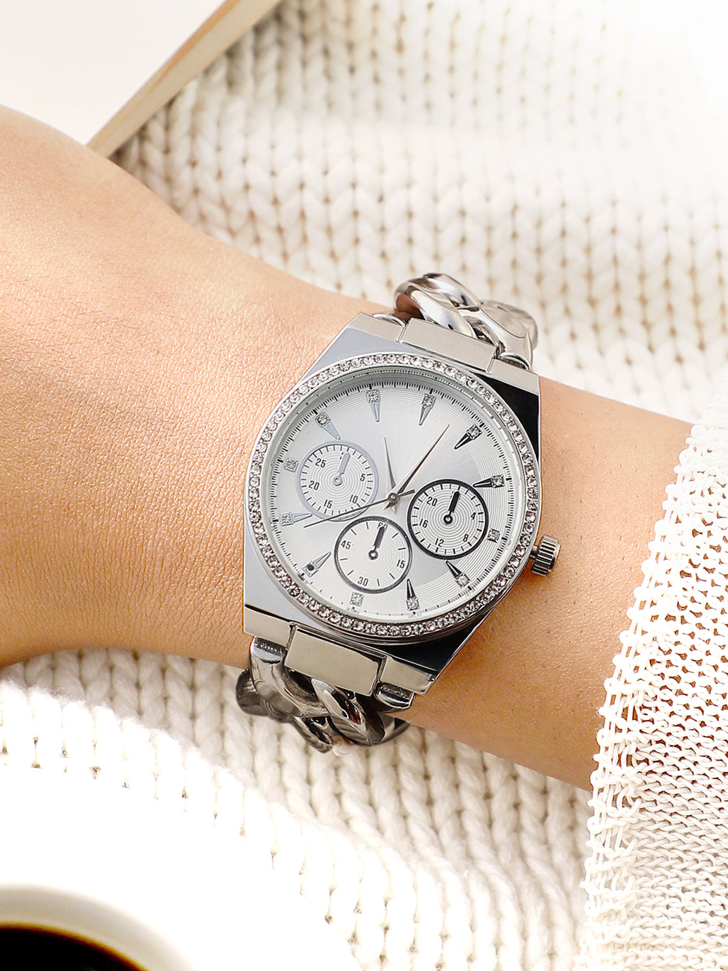 The Three-Dial Chunkylink Cushion Watch - Metallic Silver