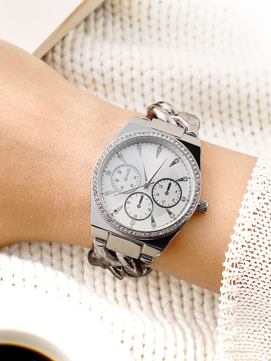The Three-Dial Chunkylink Cushion Watch - Metallic Silver