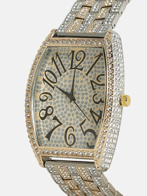 Women's Oblong Dial Watch With Chain Strap - Silver & Gold