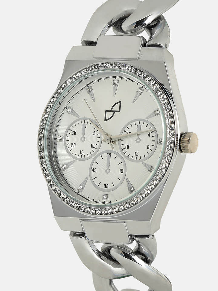 The Three-Dial Chunkylink Cushion Watch - Metallic Silver