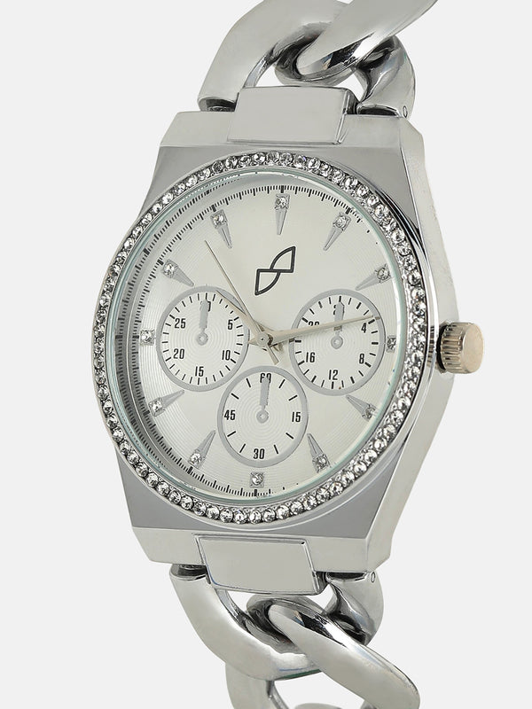 The Three-Dial Chunkylink Cushion Watch - Metallic Silver