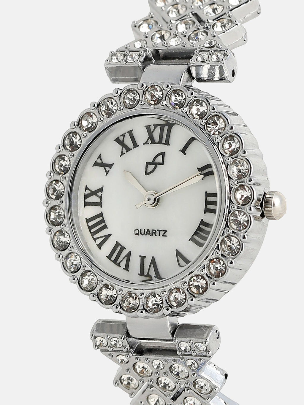 White Crystal Stones Analog Round Dial With Silver Crystal Stone Metal Strap