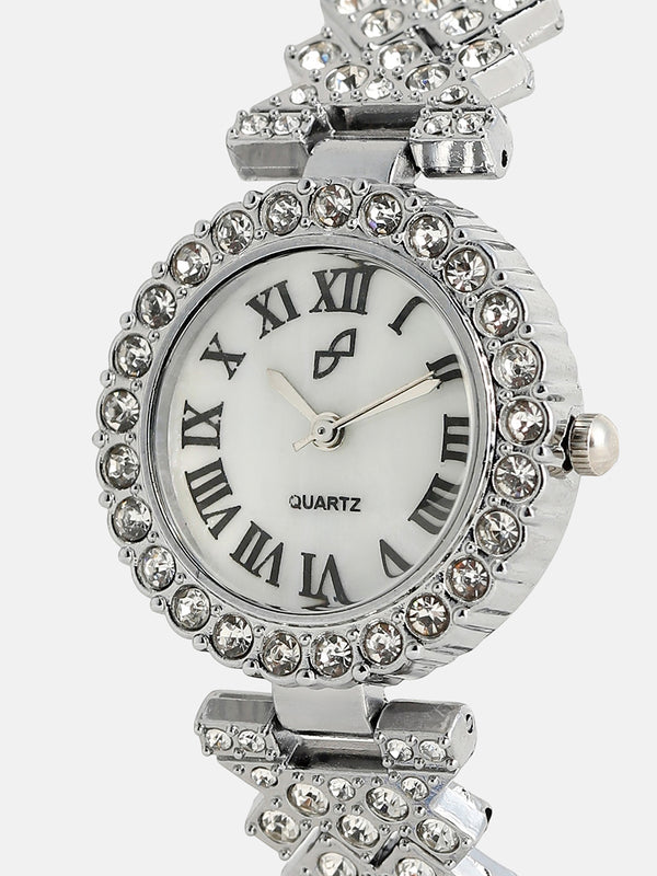 White Crystal Stones Analog Round Dial With Silver Crystal Stone Metal Strap