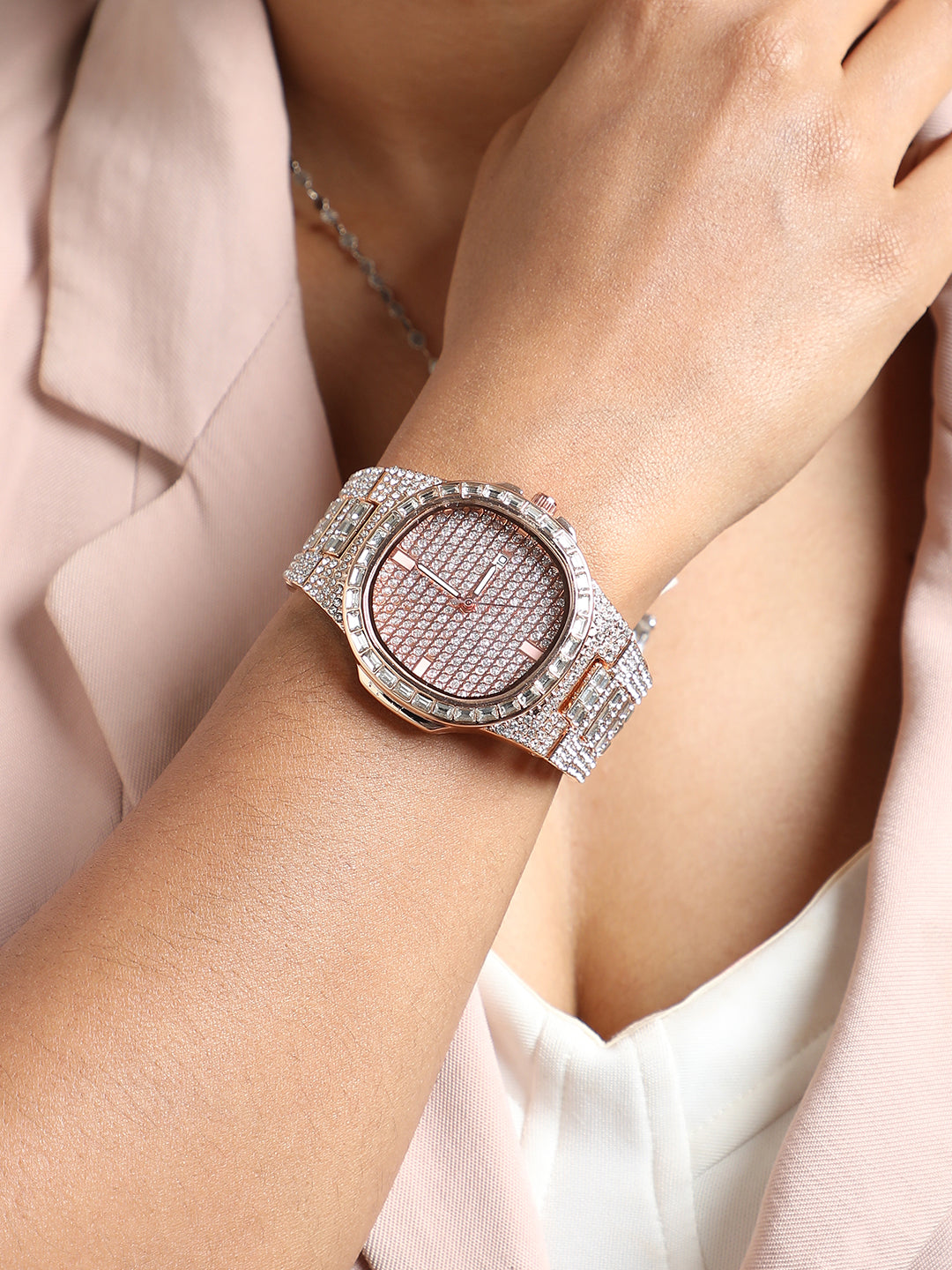 Embellished Round Watch - Rose Gold