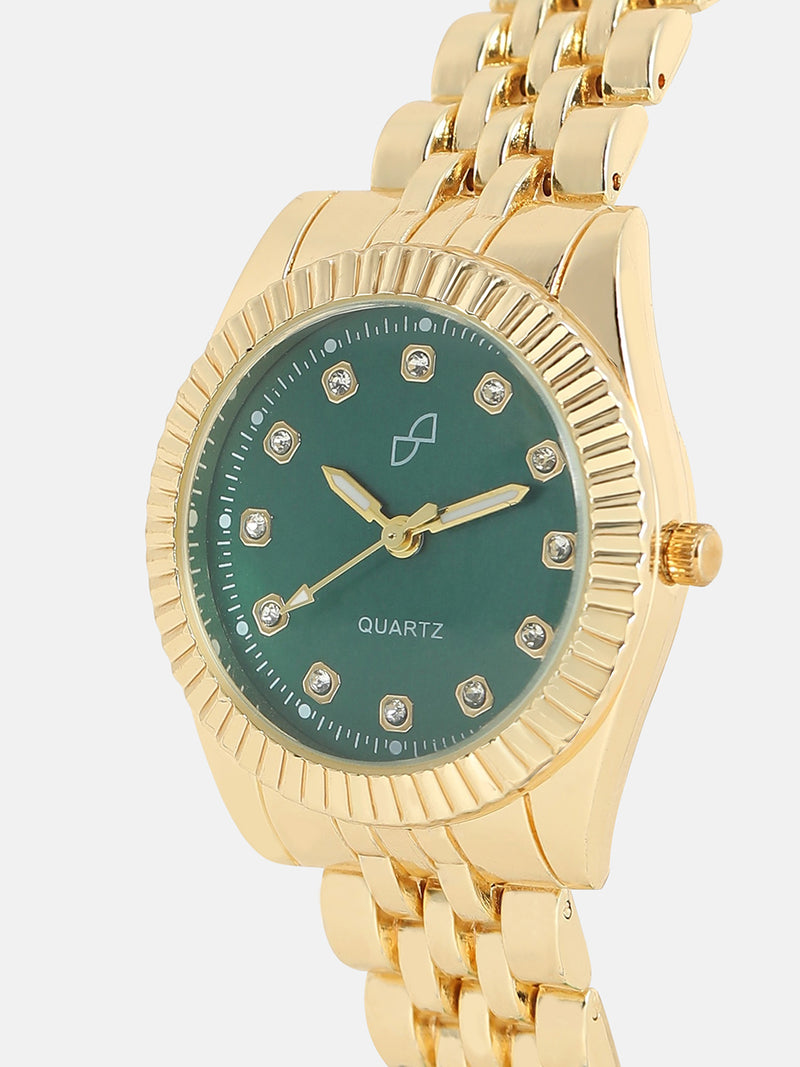 The Ribbed H-Link Round Watch - Emerald Green