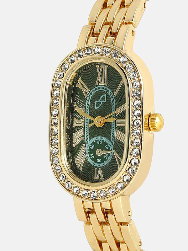 The Embellished Roman Oval Watch - Emerald Green