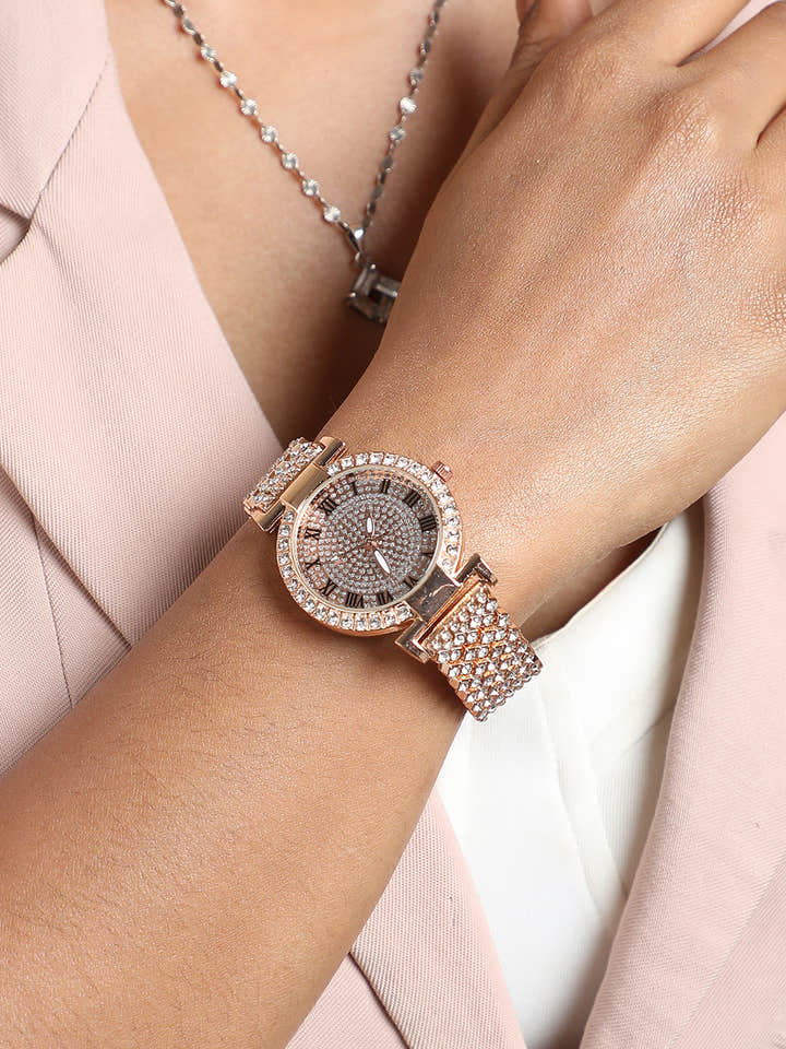 Embellished Round Watch - Rose Gold