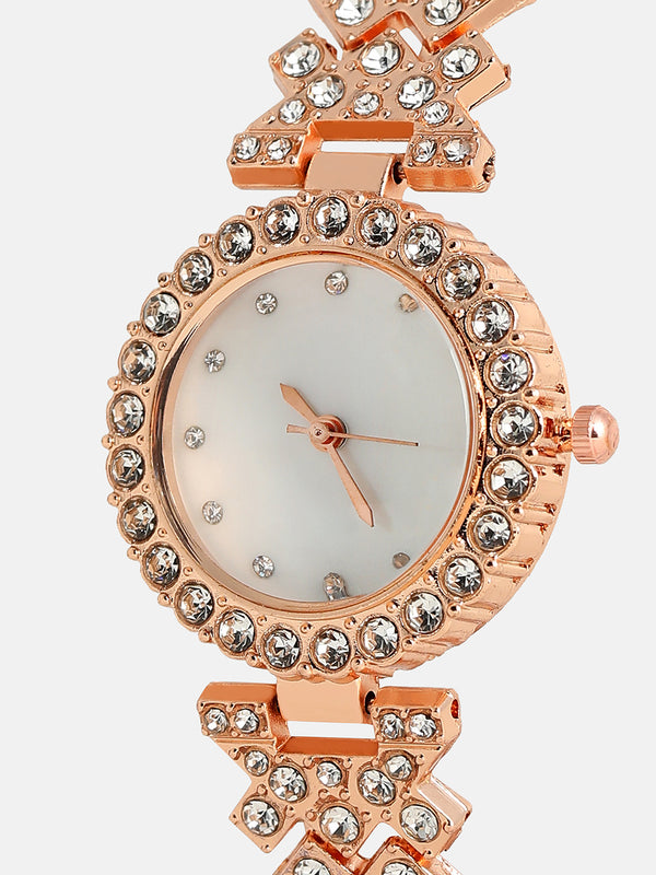 Embellished Round Watch - Rose Gold