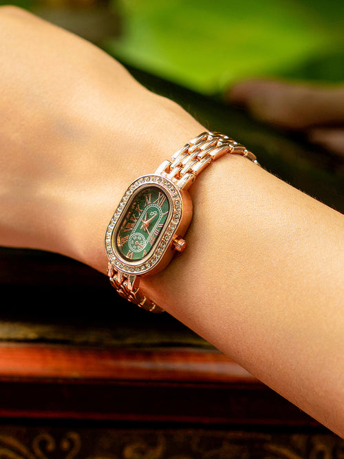 The Embellished Roman Oval Watch - Rose Gold with Green Dial