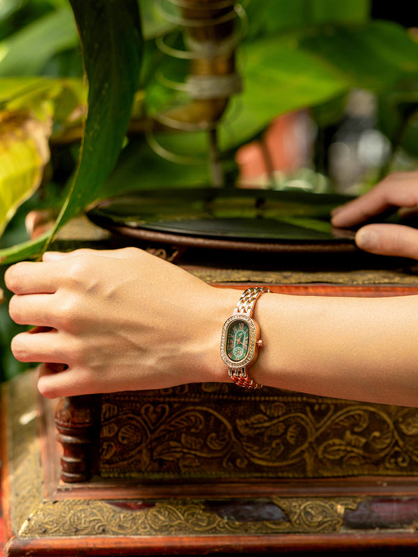 The Embellished Roman Oval Watch - Rose Gold with Green Dial