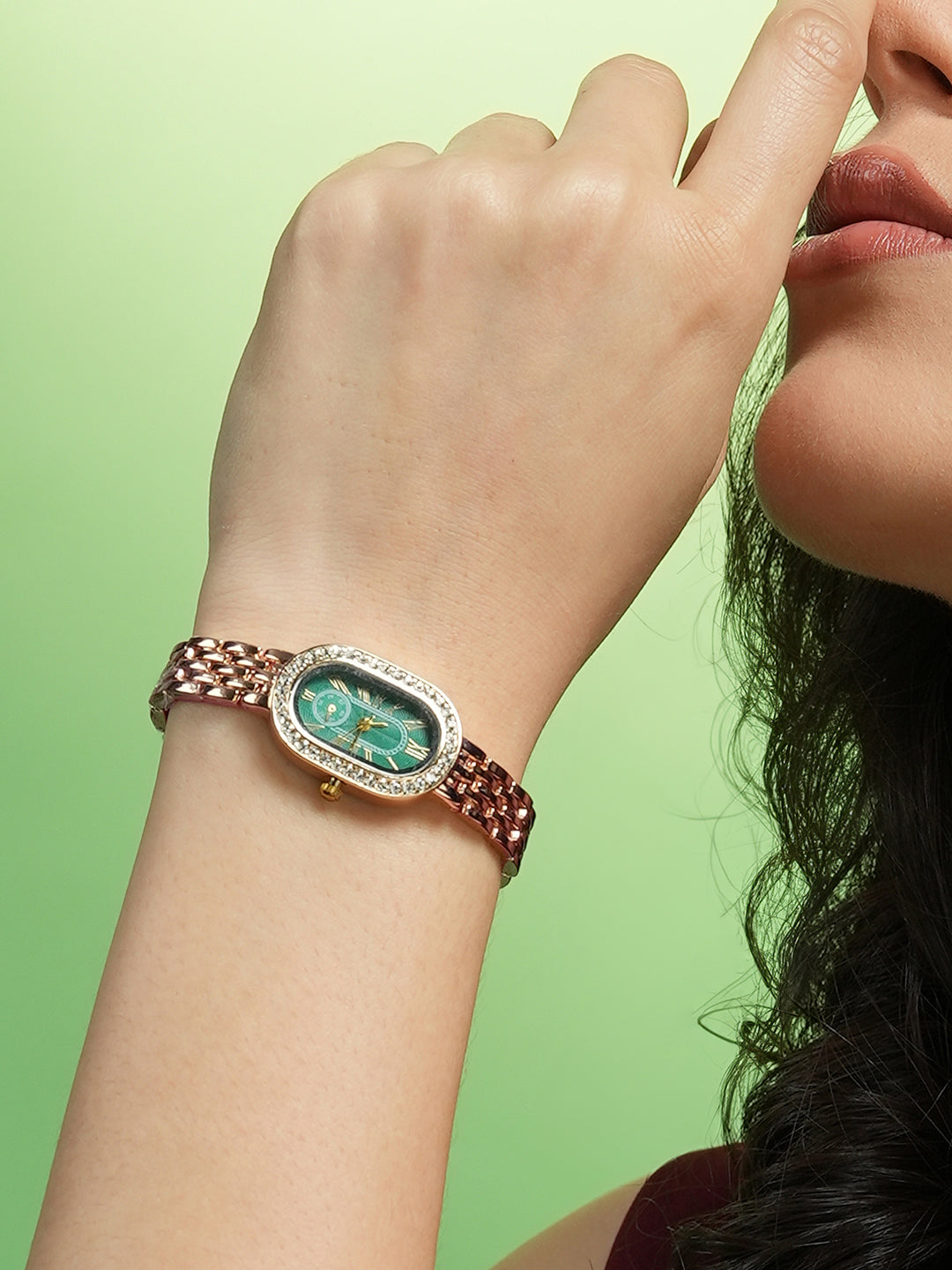 The Embellished Roman Oval Watch - Rose Gold with Green Dial