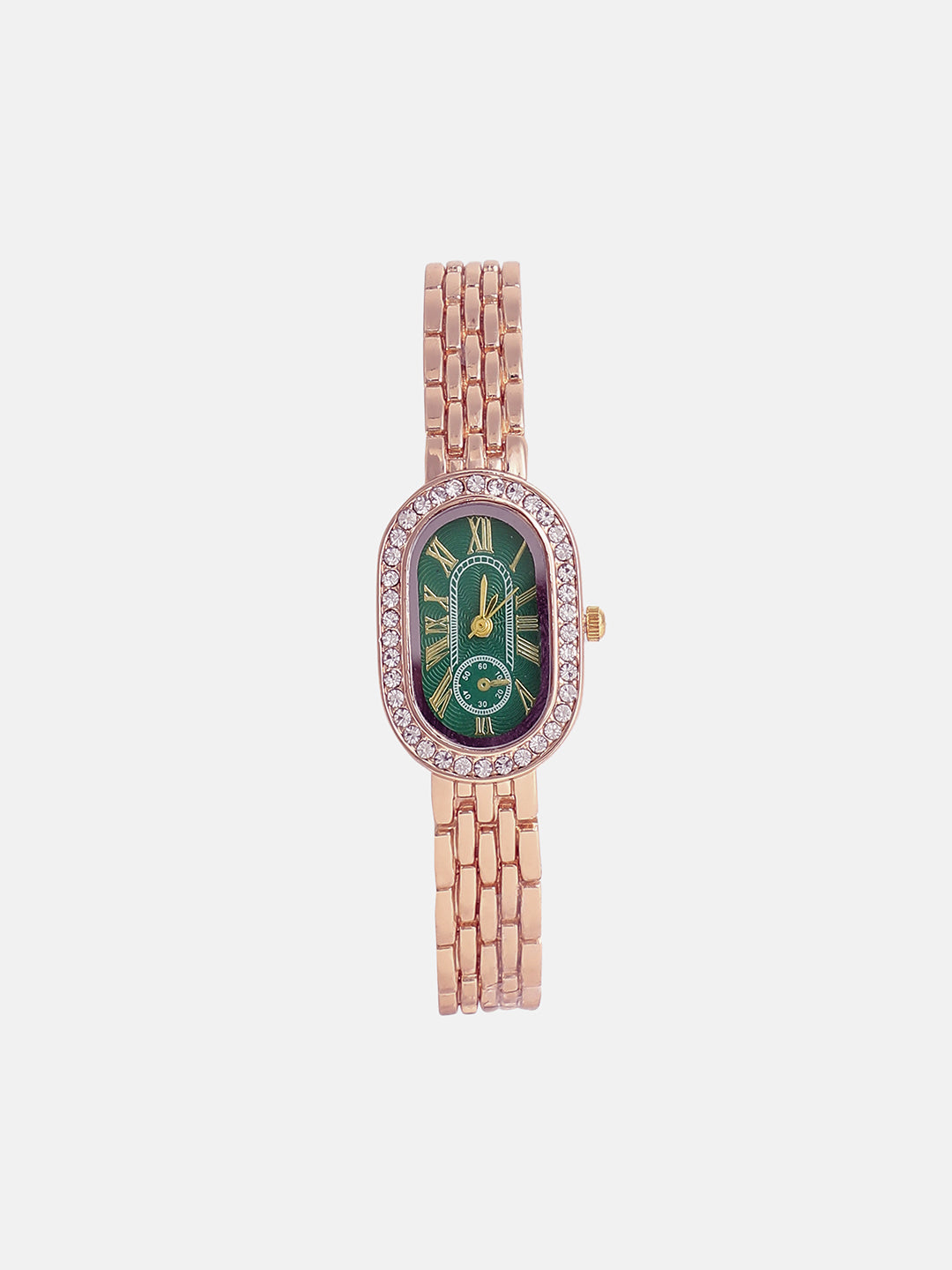 The Embellished Roman Oval Watch - Rose Gold with Green Dial
