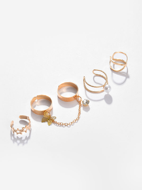 Set Of 4 Gold-Plated & White Pearls Beaded Finger Rings