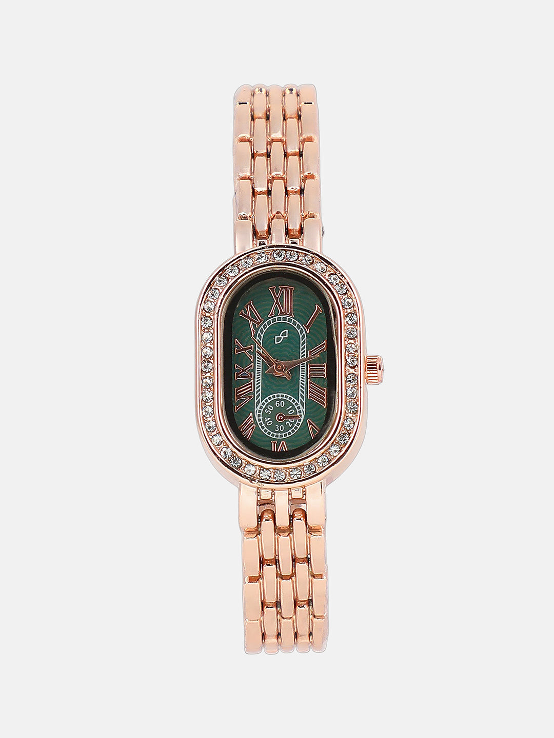 The Embellished Roman Oval Watch - Rose Gold with Green Dial