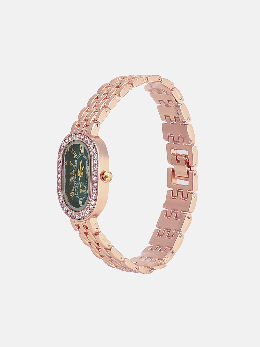 The Embellished Roman Oval Watch - Rose Gold with Green Dial