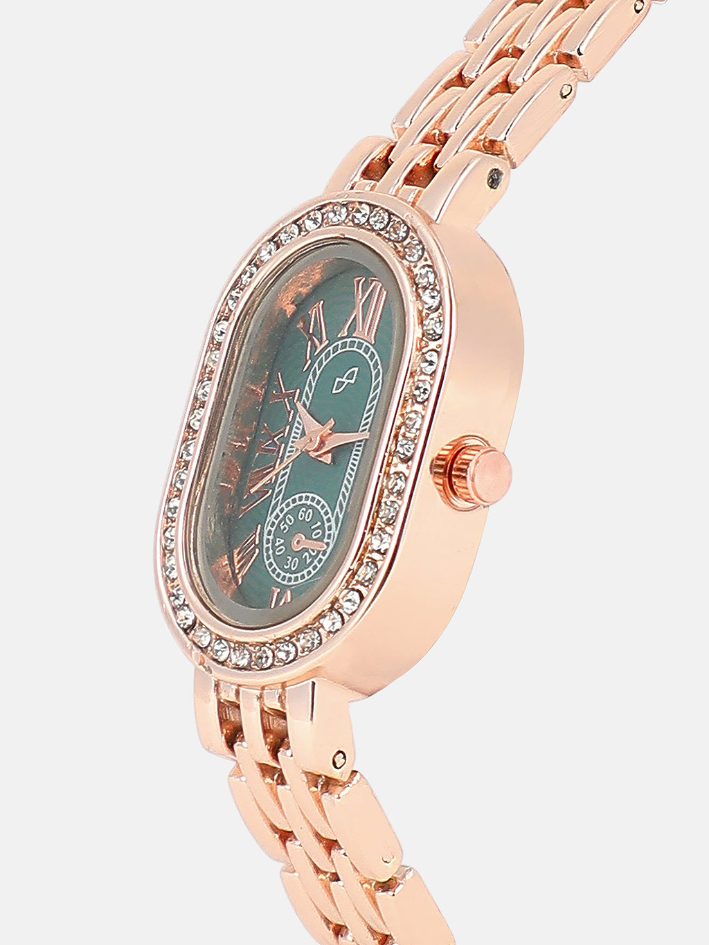The Embellished Roman Oval Watch - Rose Gold with Green Dial