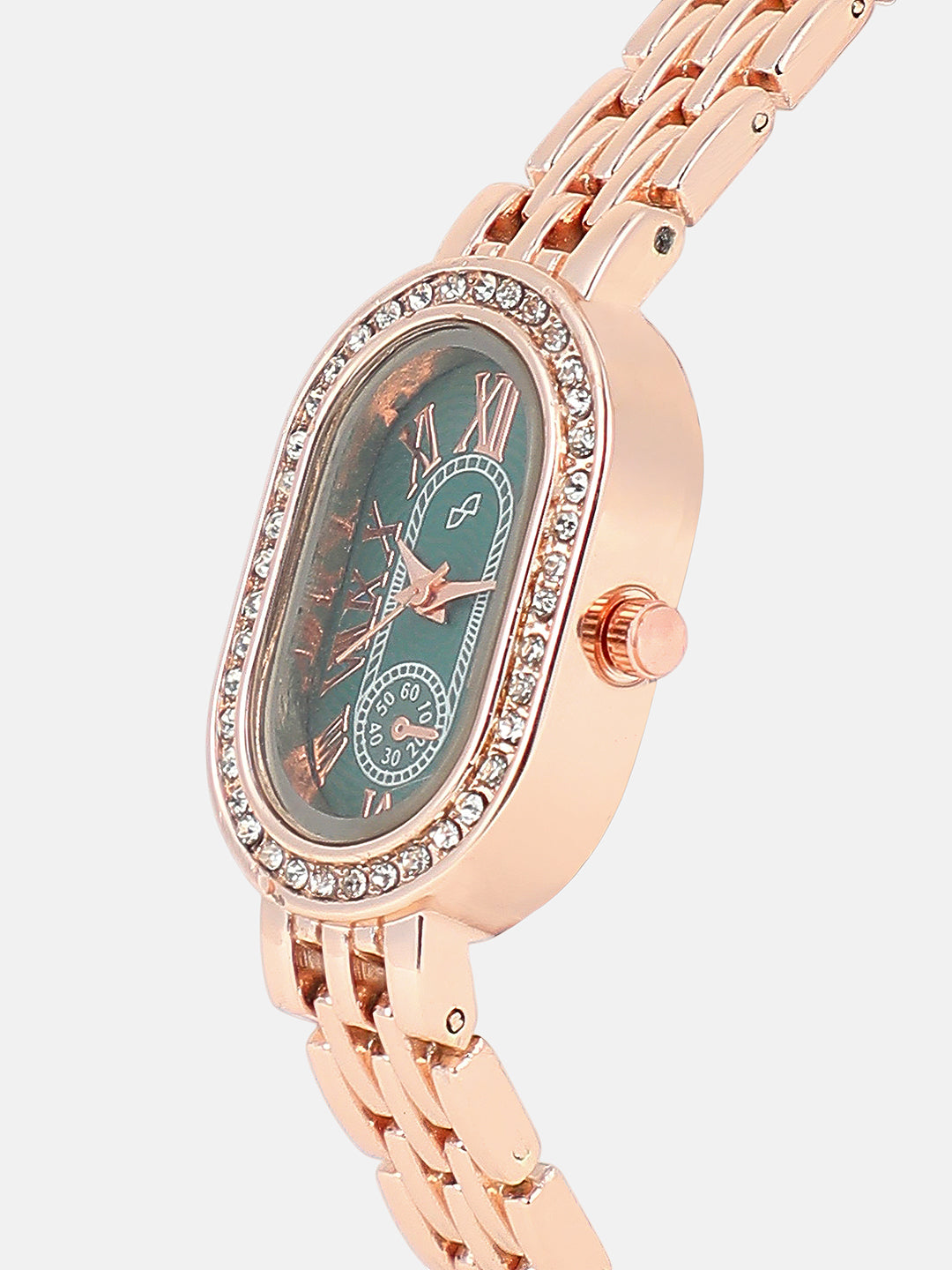 The Embellished Roman Oval Watch - Rose Gold with Green Dial