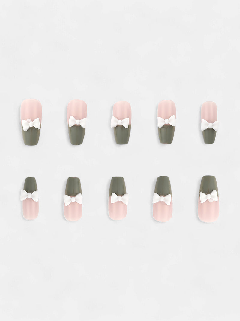 The  Block Bow Press-On Nails - Olive Green