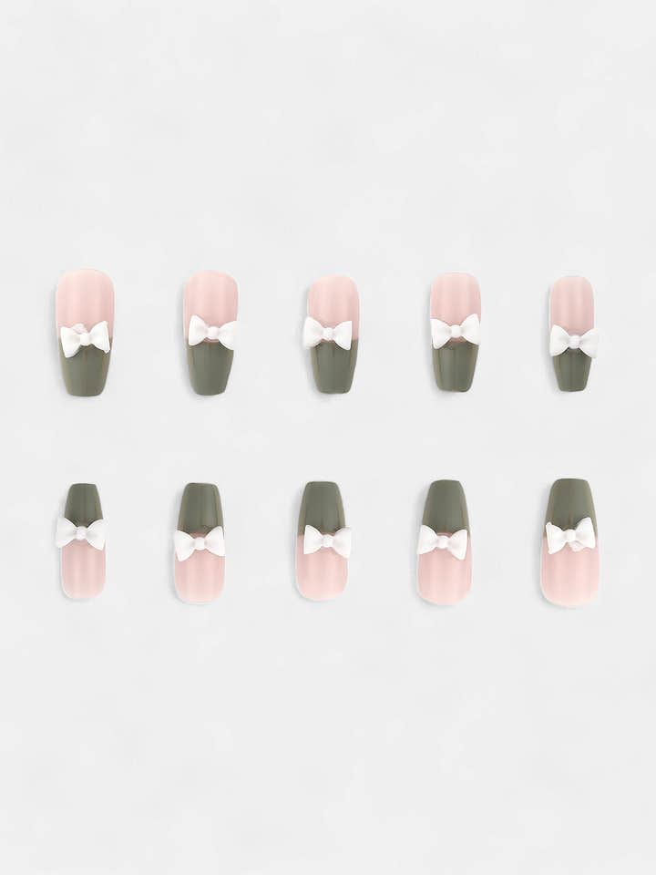 The  Block Bow Press-On Nails - Olive Green