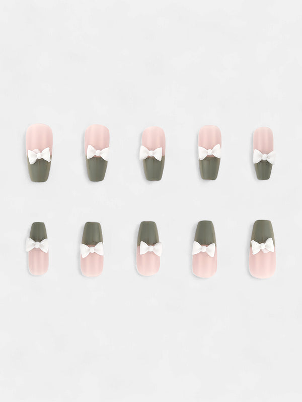 The  Block Bow Press-On Nails - Olive Green