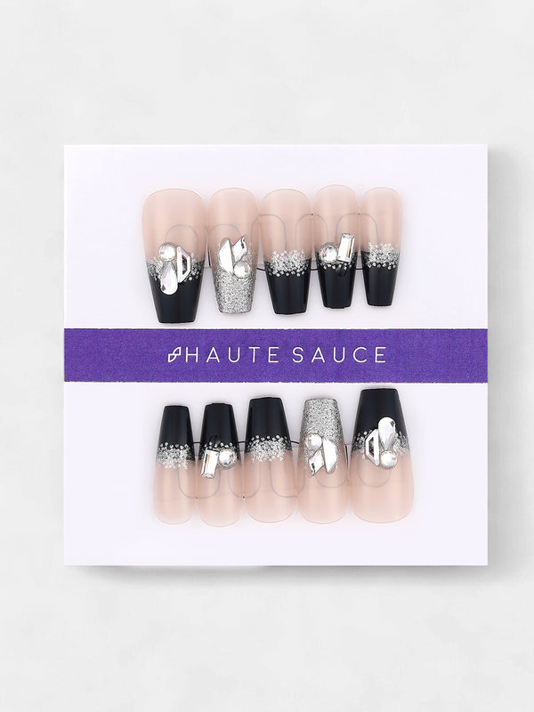 The Ombre-Glitz Press-On Nails - Raven Black:Crystal Silver