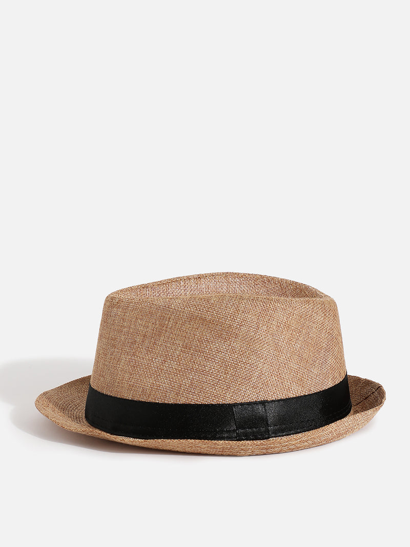 Beige Solid Fedora Hat