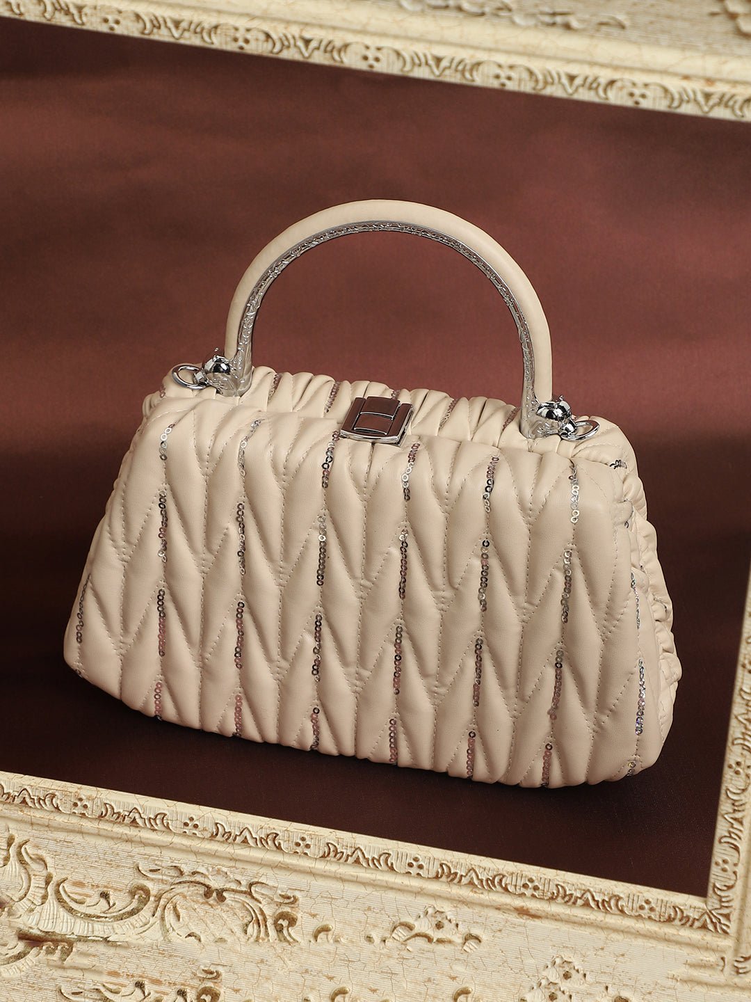 The Quilted Sequin Handbag - Beige