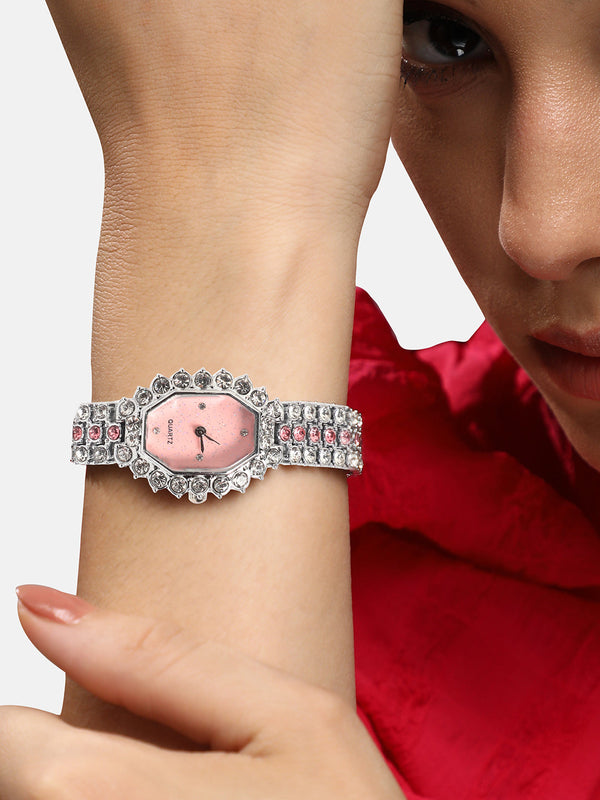 Embellished Block Oval Watch - Pink