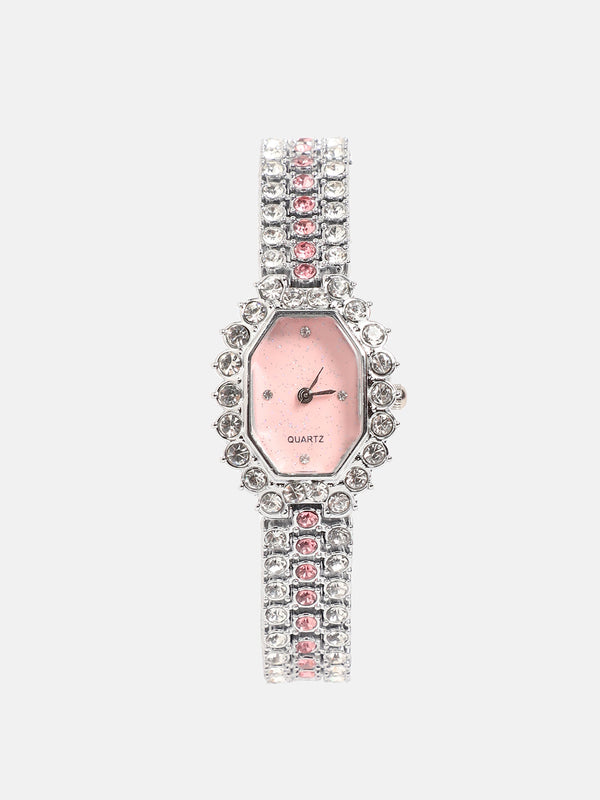 Embellished Block Oval Watch - Pink