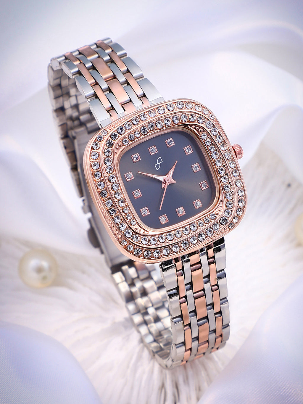 Haute Sauce HSWC1205 Embellished Block Round Watch for Women in Gold Stainless Steel