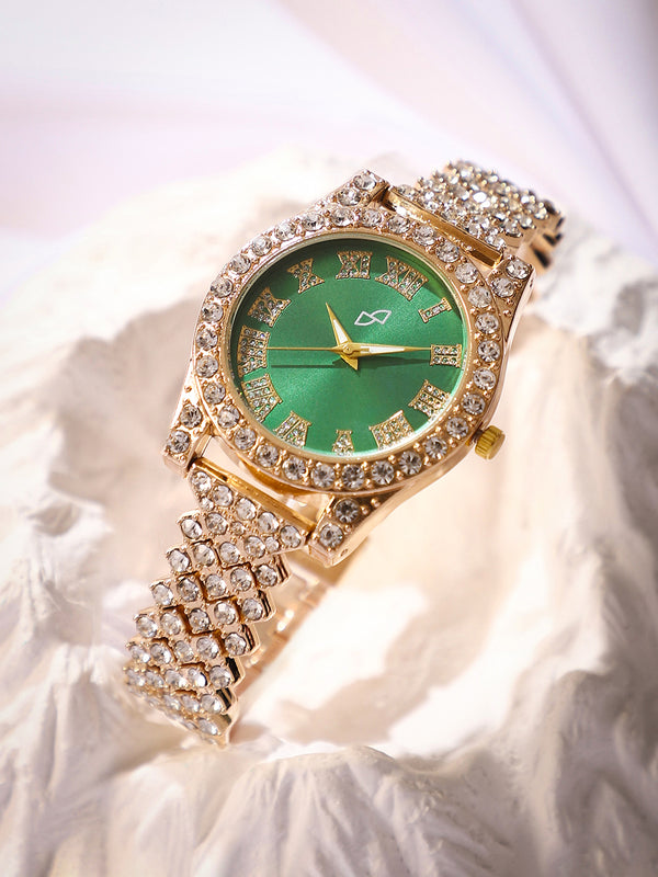 Haute Sauce HSWC1178 Embellished Contrast Round Watch for Women in Gold with Jewelry-Style Strap