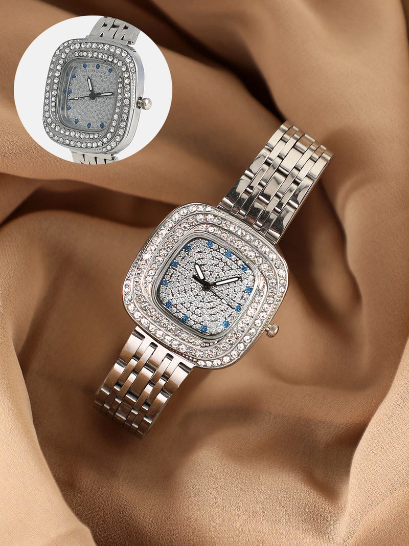 Haute Sauce HSWC1196 The Embellished Block Round Watch for Women in Metallic Silver with Stainless Steel Strap
