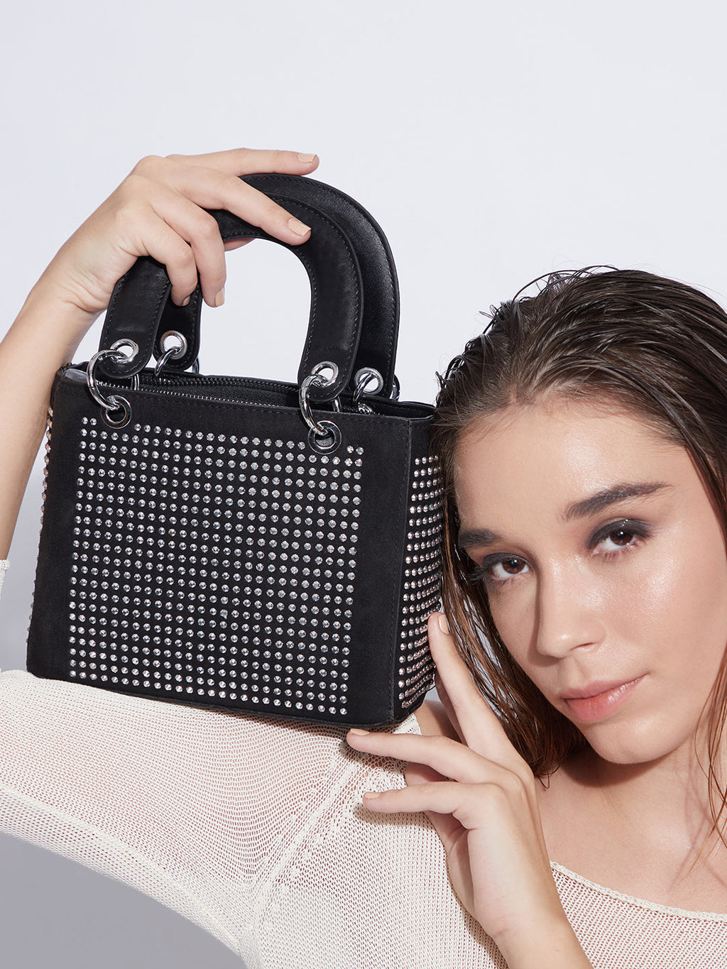 Rhinestone Top Handle Handbag - Black