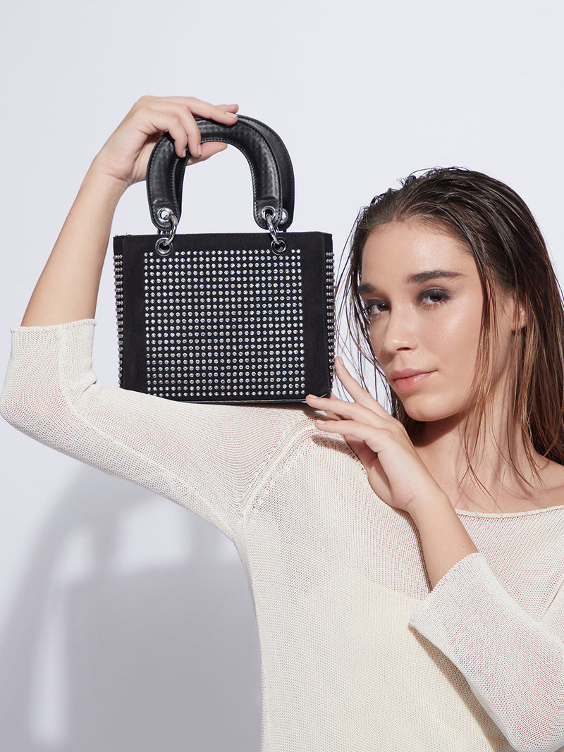 Rhinestone Top Handle Handbag - Black