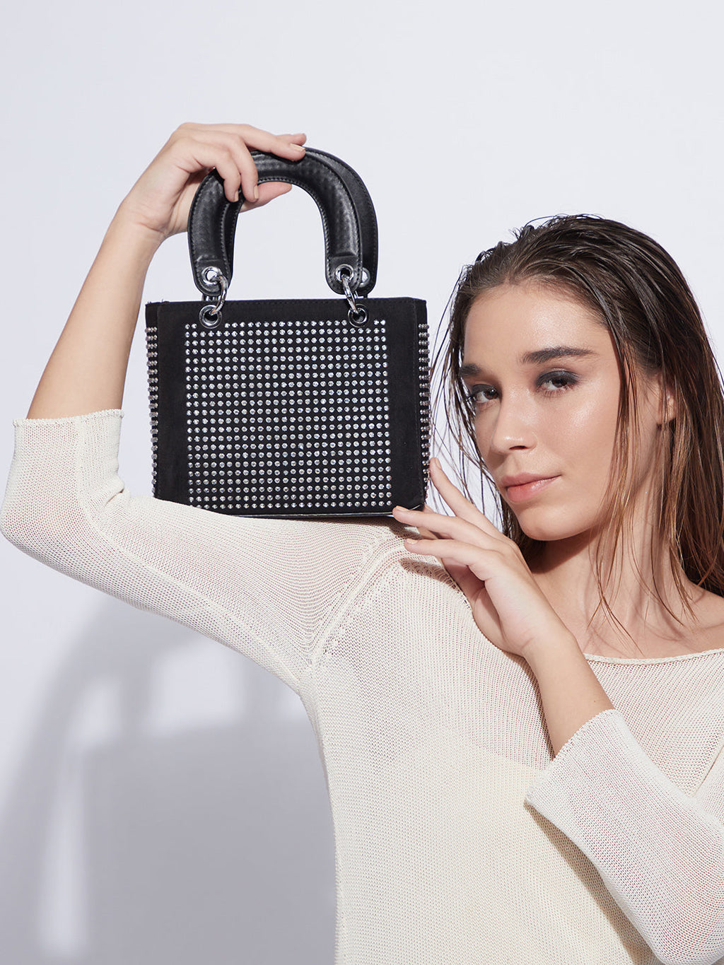 Rhinestone Top Handle Handbag - Black