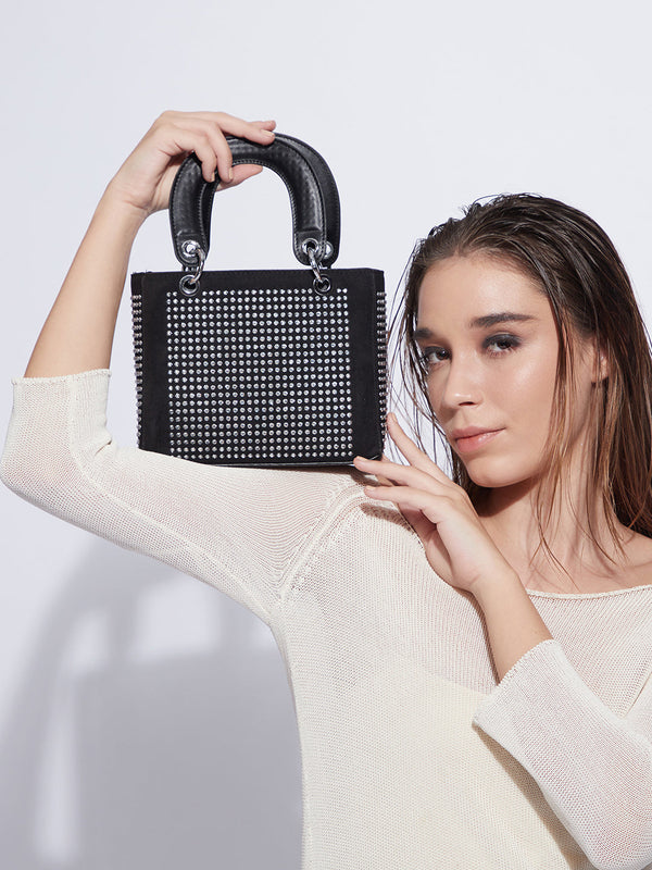 Rhinestone Top Handle Handbag - Black