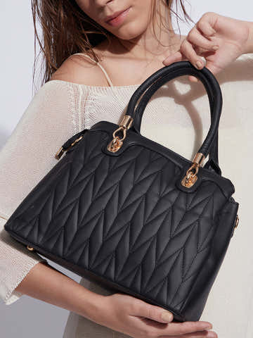 Quilted Top Handle Handbag - Black