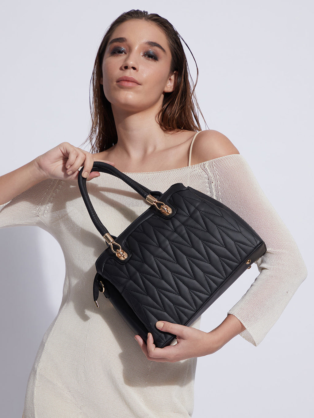 Quilted Top Handle Handbag - Black