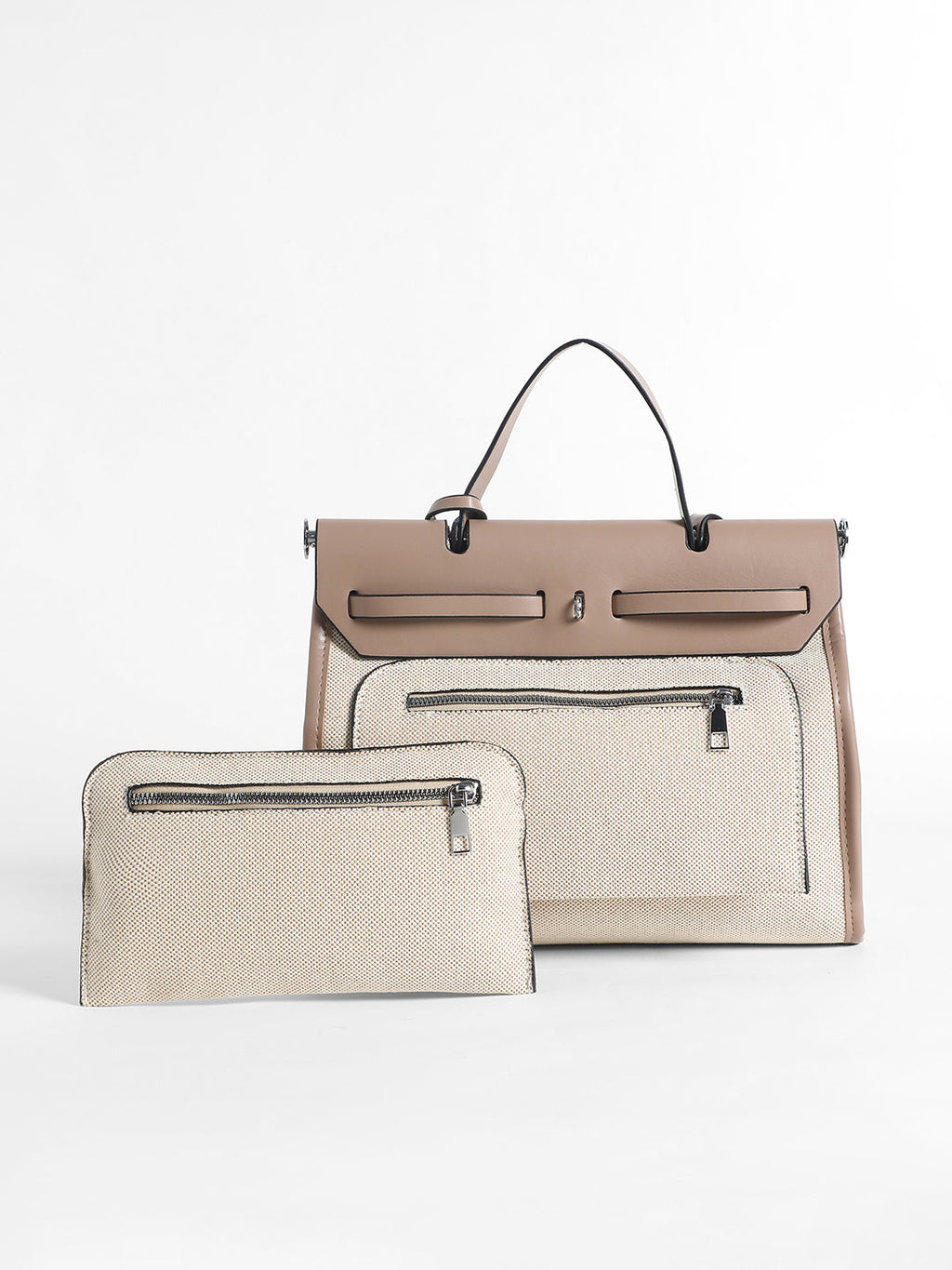 Structured Block Hand Bag With Pouch