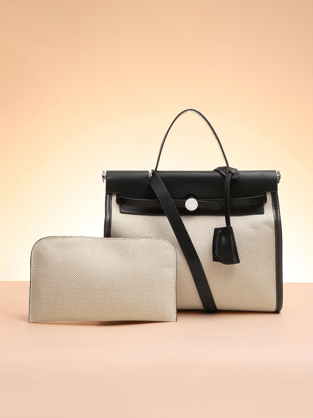 Structured Block Hand Bag With Pouch