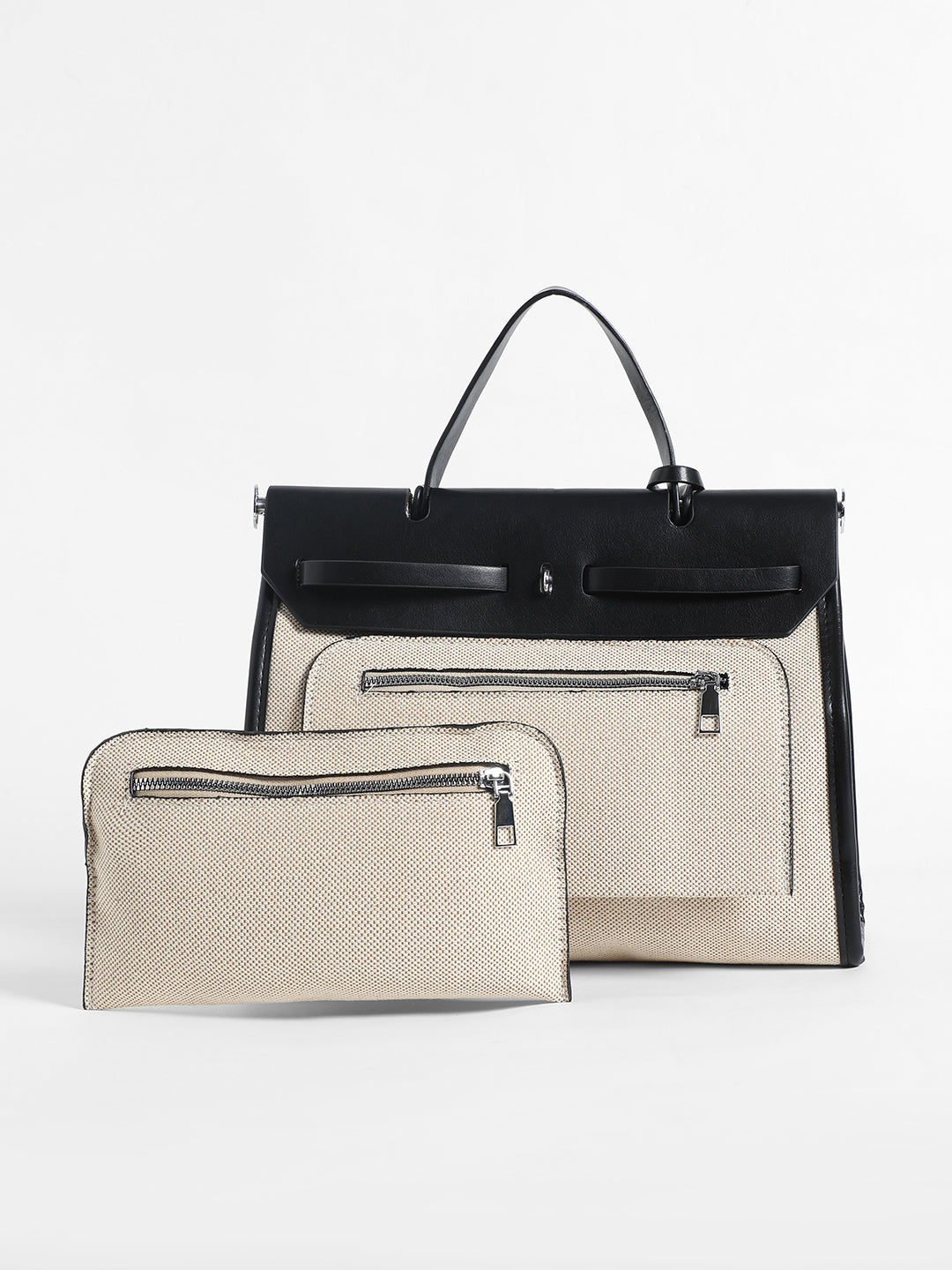 Structured Block Hand Bag With Pouch