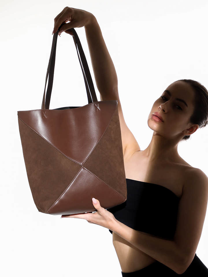 The Veloure Tote Bag With Pouch - Chocolate Brown