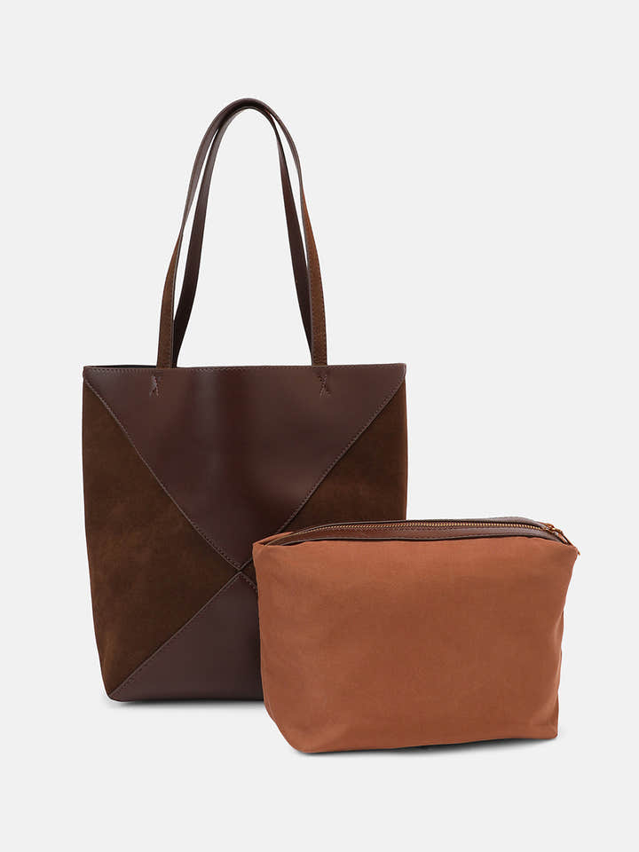 The Veloure Tote Bag With Pouch - Chocolate Brown