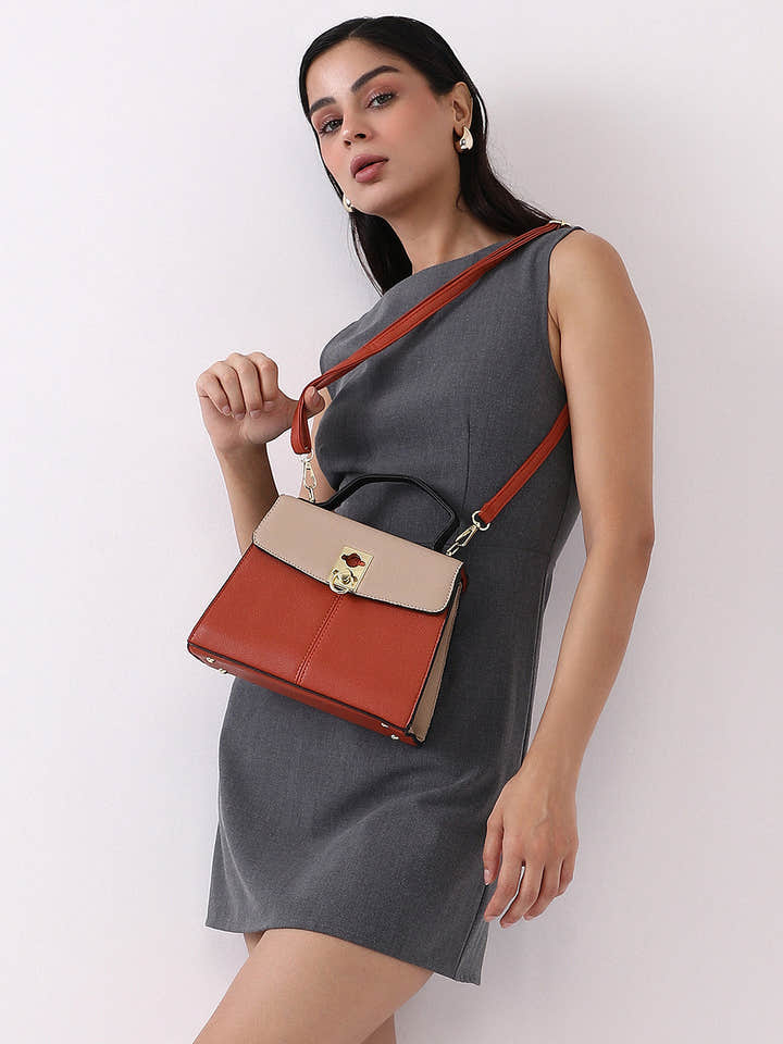 The Curatus Satchel Bag With Pouch - Terracotta Brown & Khaki Beige