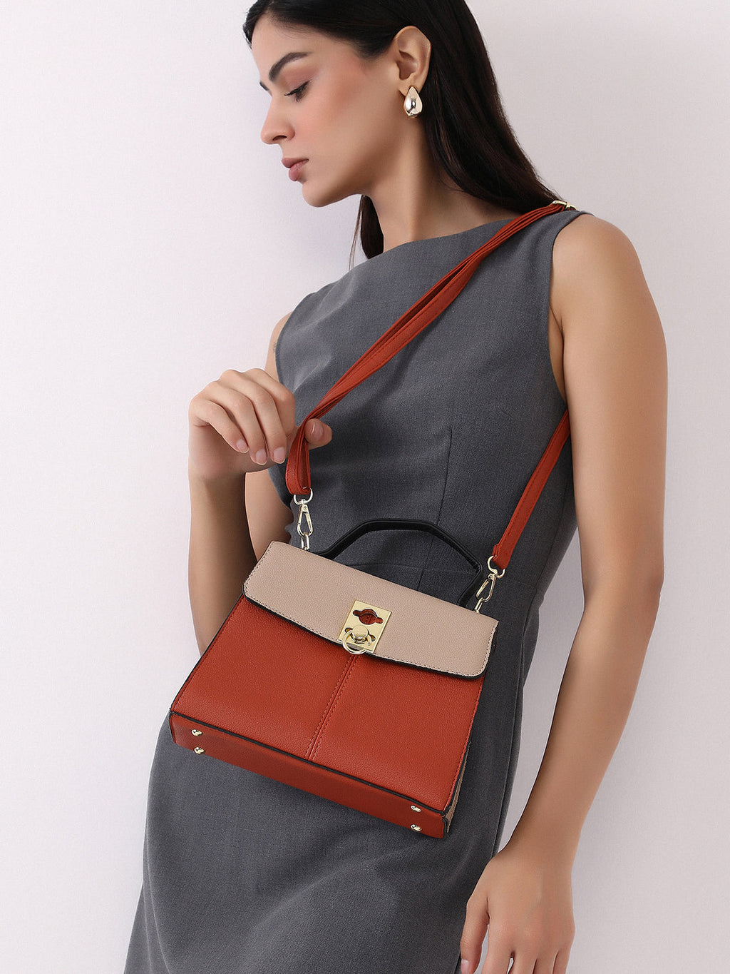 The Curatus Satchel Bag With Pouch - Terracotta Brown & Khaki Beige