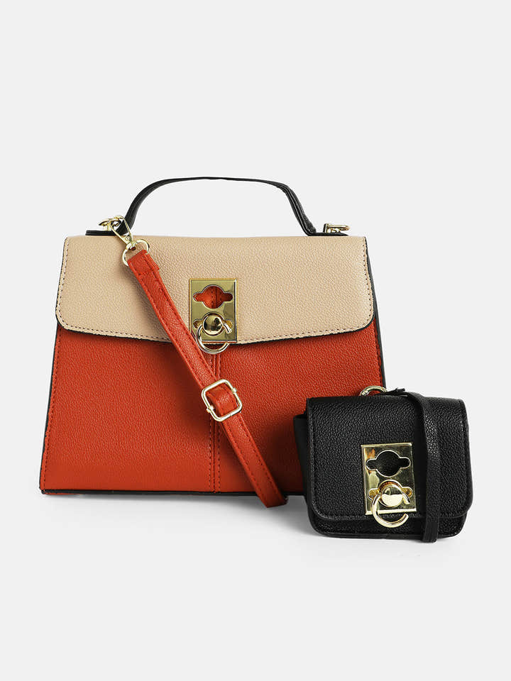 The Curatus Satchel Bag With Pouch - Terracotta Brown & Khaki Beige