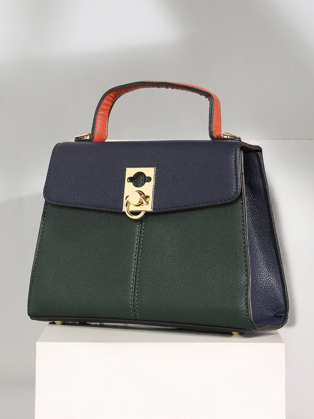 The Curatus Satchel Bag With Pouch - Navy Blue & Emerald Green