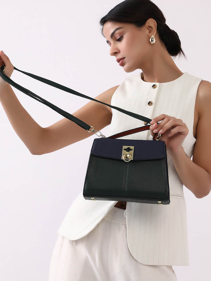 The Curatus Satchel Bag With Pouch - Navy Blue & Emerald Green